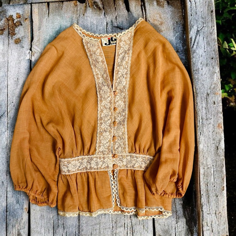 Vintage Jody of California Button Down Peach Lace Long Sleeve Blouse | Size XS